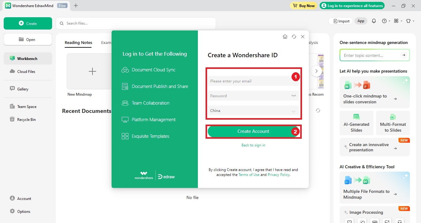 edrawmind create account window