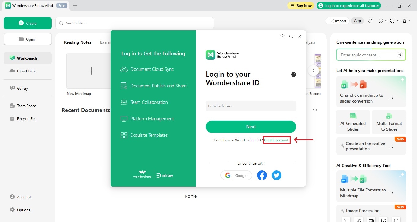edrawmind create account window