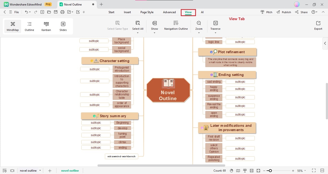 edrawmind view tab and tools