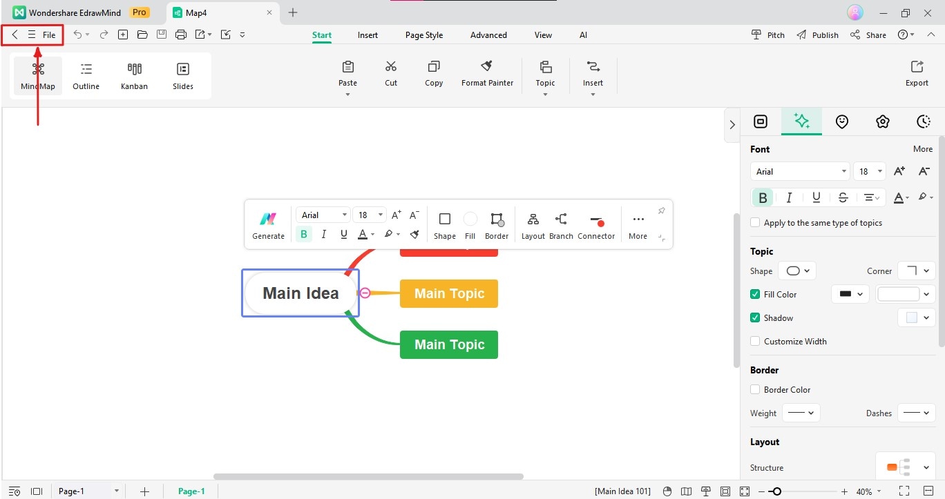 locate edrawmind file tab