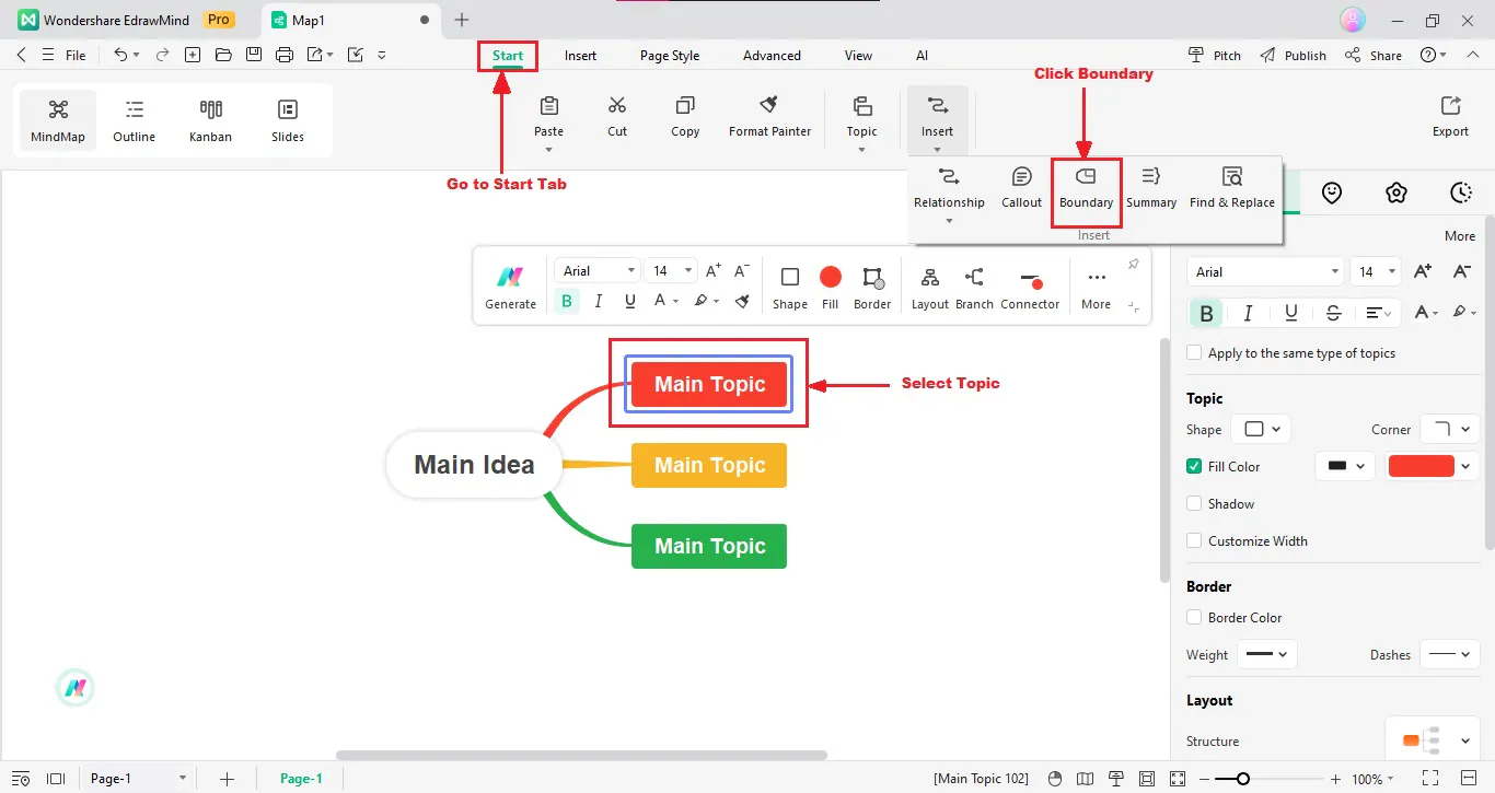 edrawmind interface insert boundary line