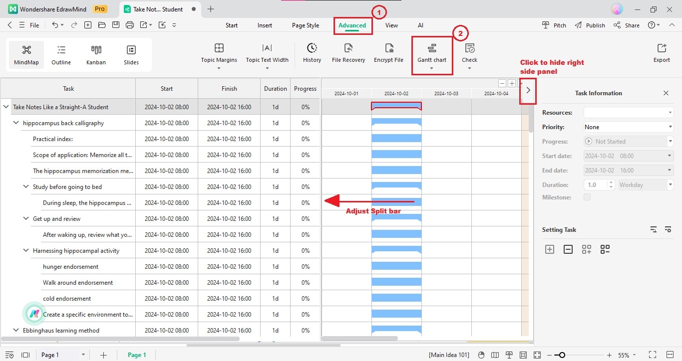 edrawmind adjust gantt view space