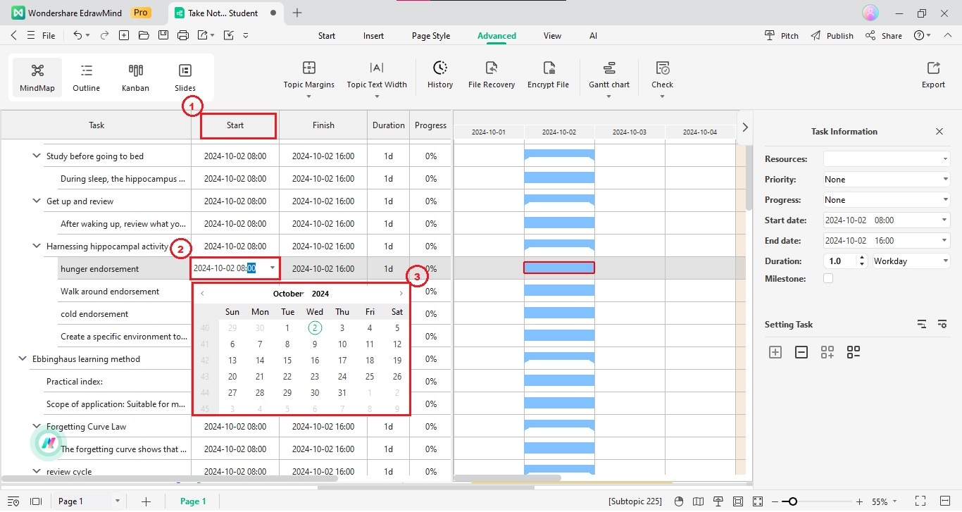 edrawmind change task start date information