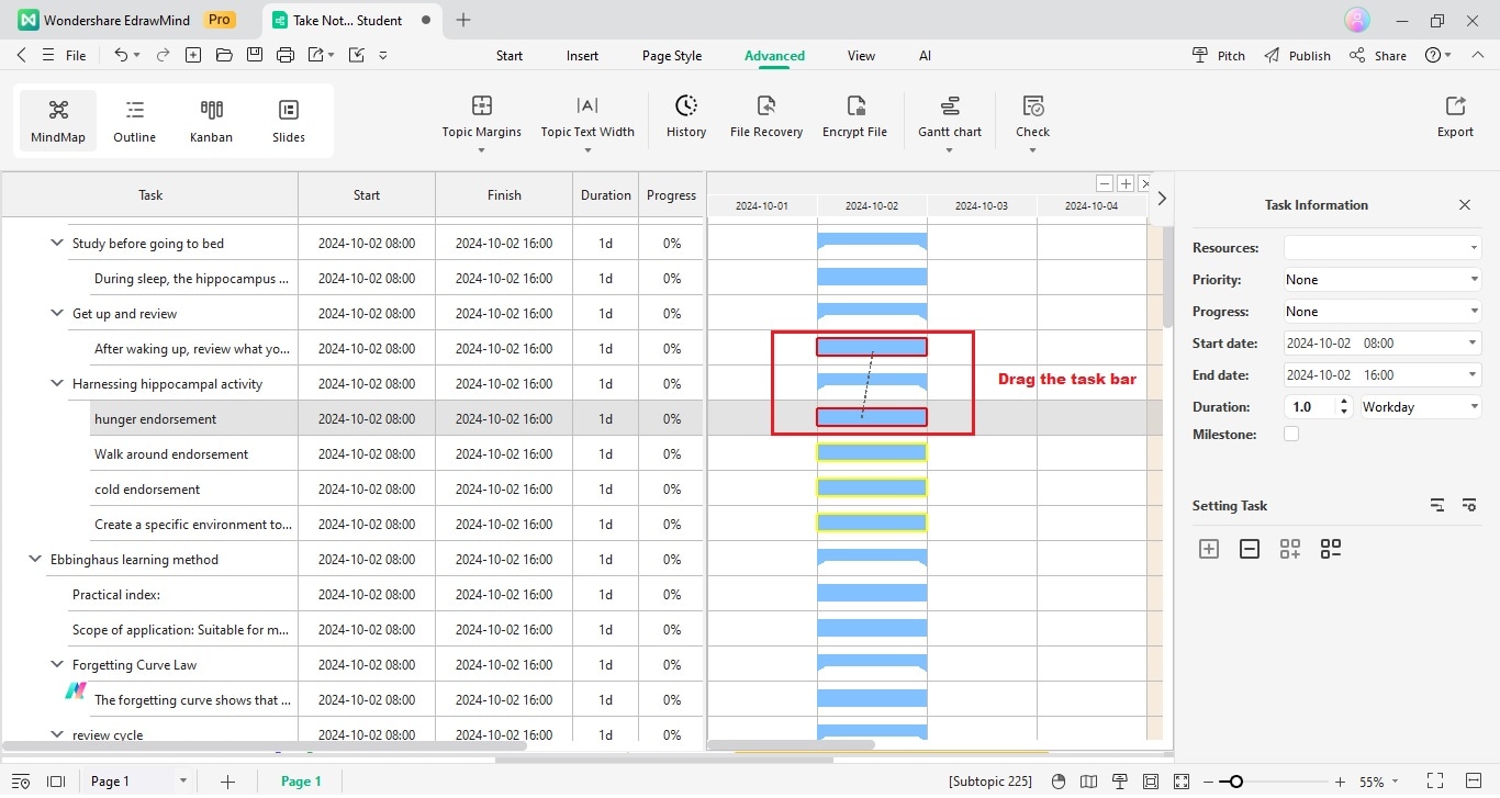 edrawmind resize the gantt chart taskbar