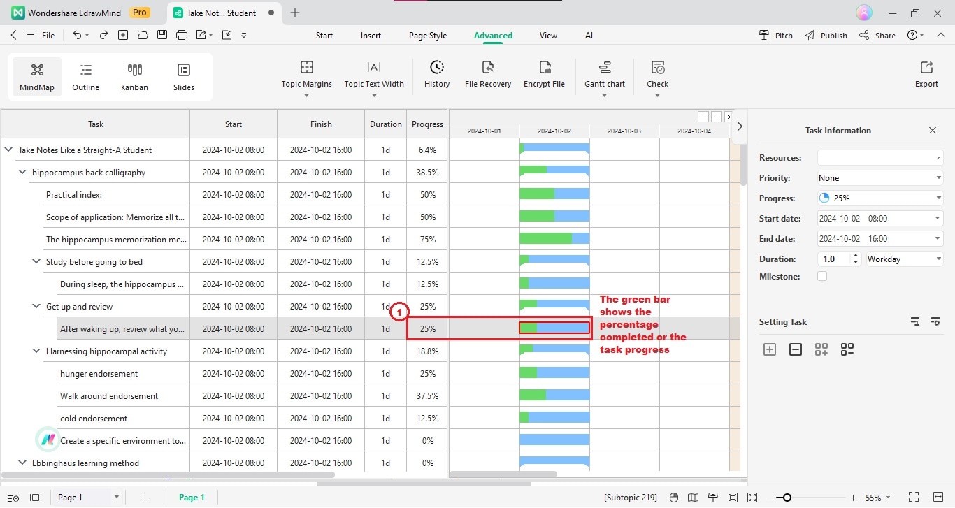 edrawmind green bar show task progress