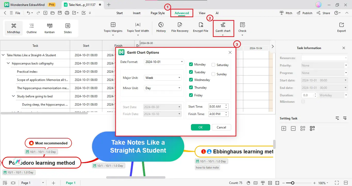 edrawmind gantt chart options pop-up window