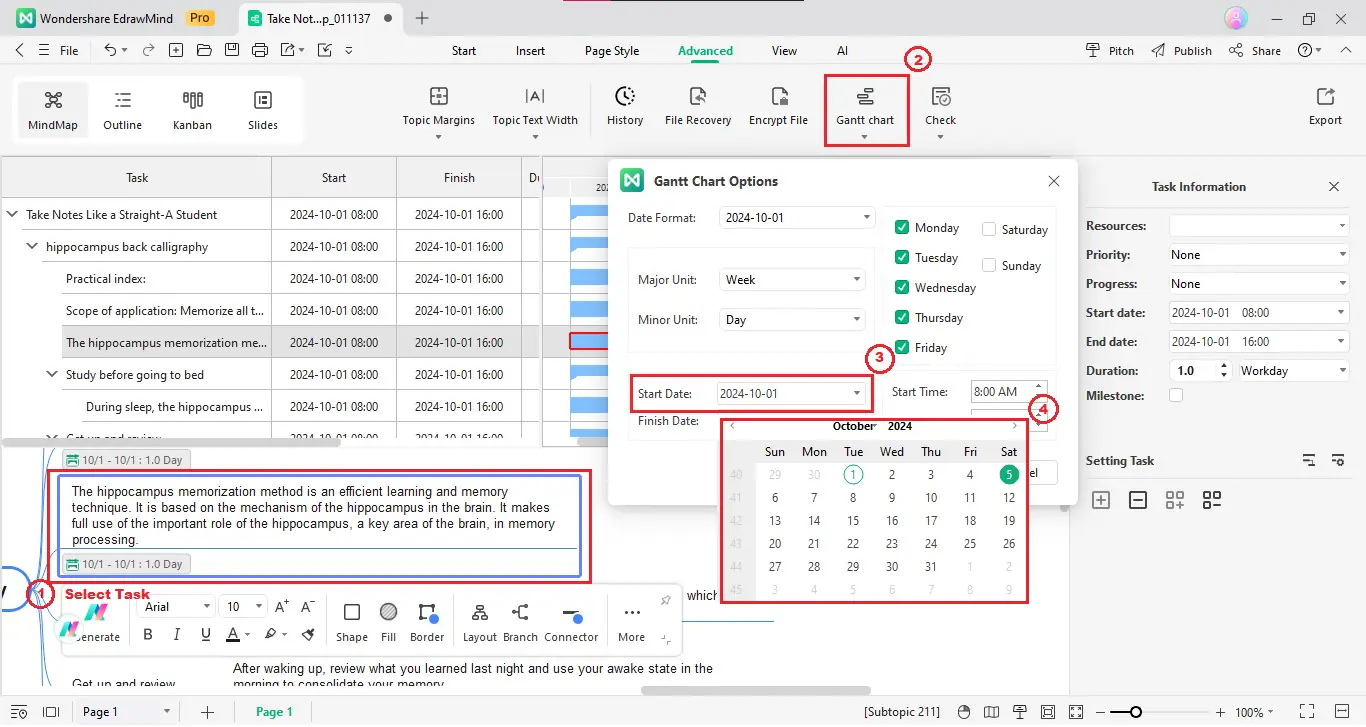 edrawmind tasks start and end dates