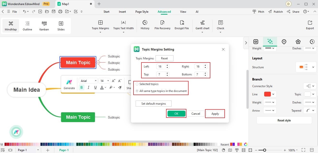 apply the topic margins to mind map