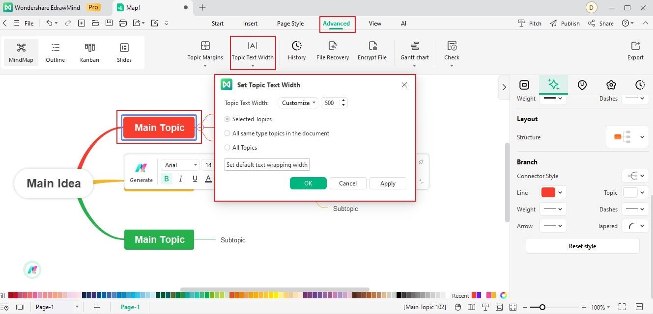 edrawmind change the topic text width