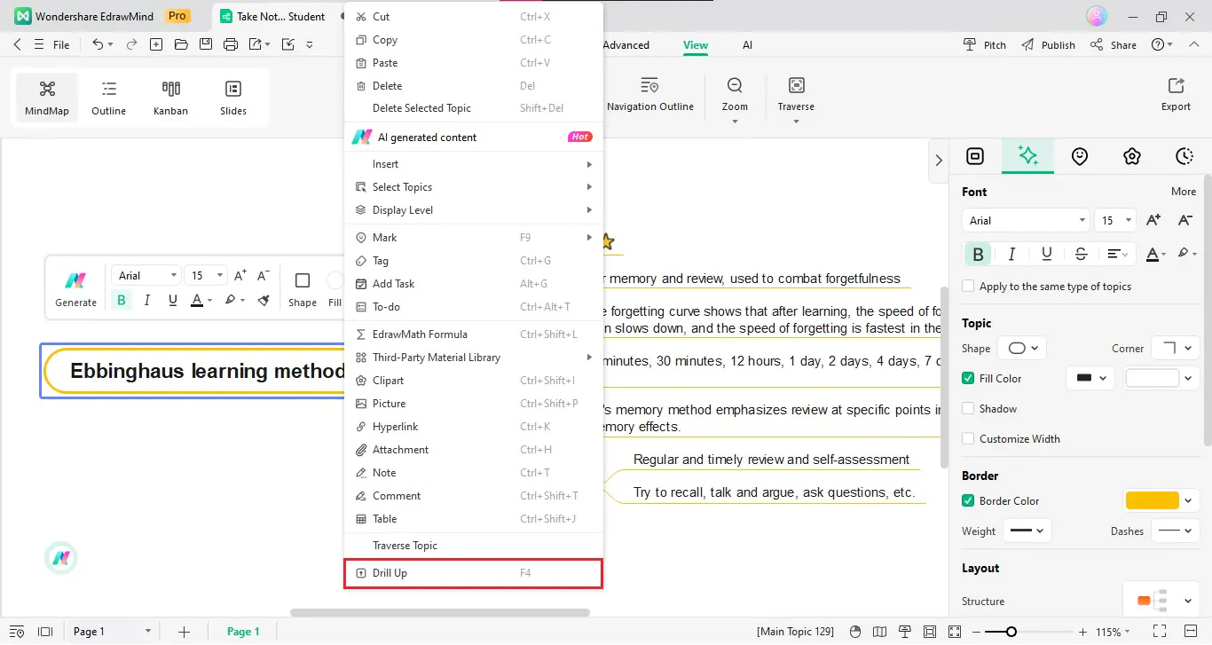 edrawmind right click topic drill up
