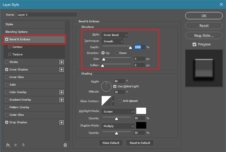 configure bevel & emboss settings