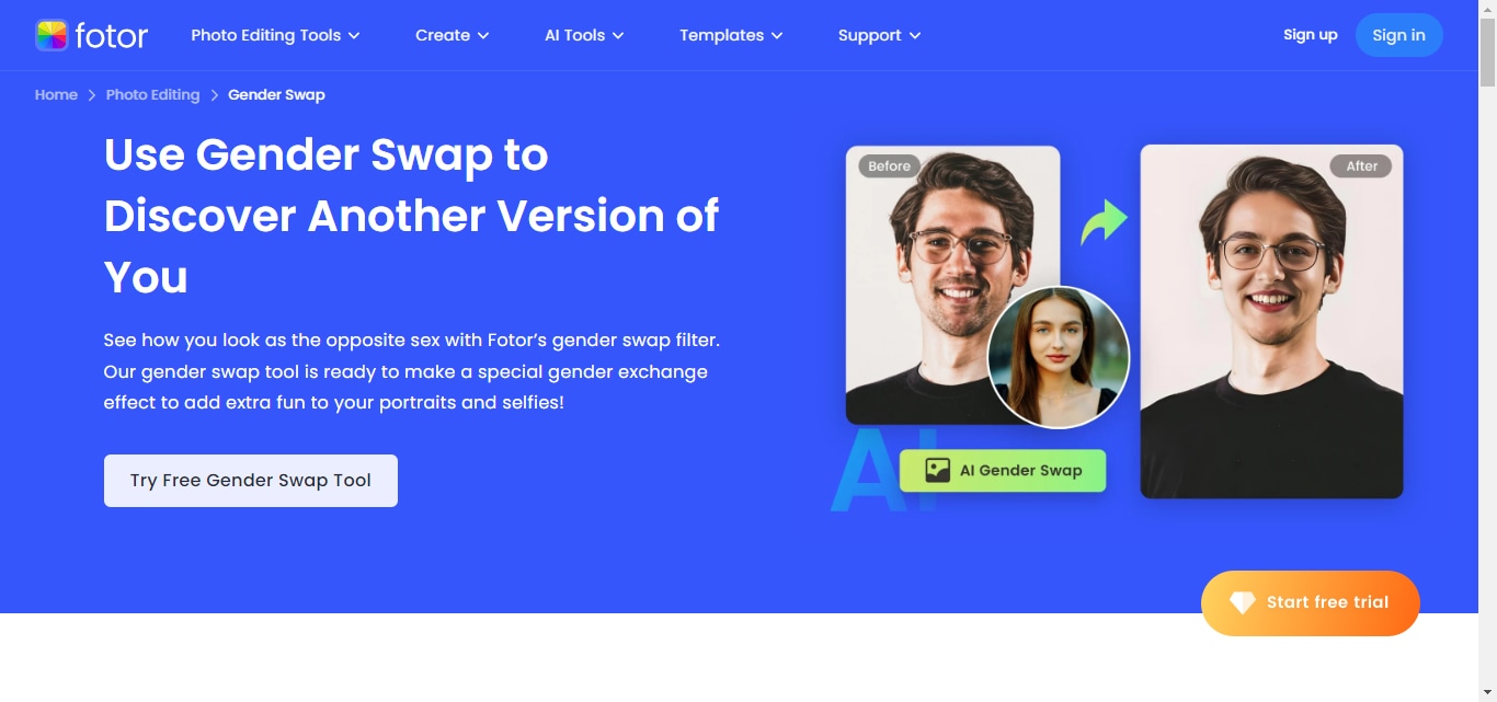 homepage of fotor gender swap feature.