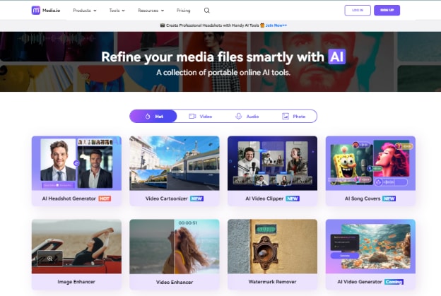 website interface of media.io