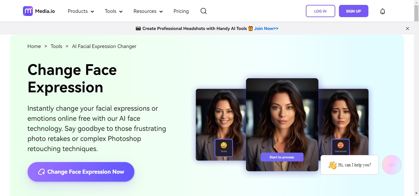 homepage of media.io face expression changer.