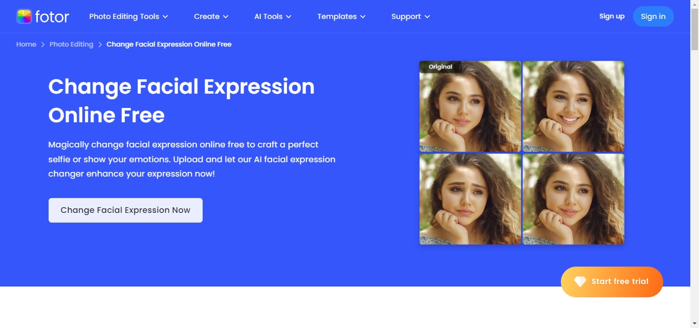 homepage of fotor facial expression changer.