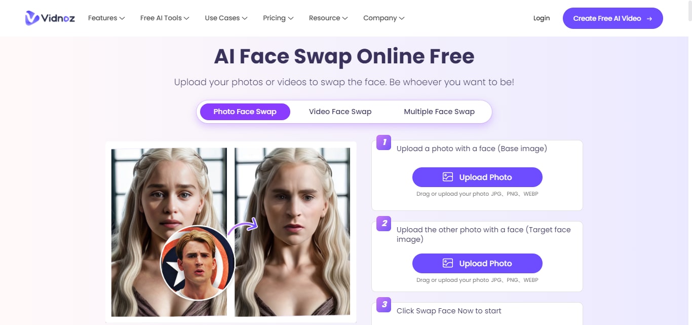 homepage of vidnoz face swapper tool.
