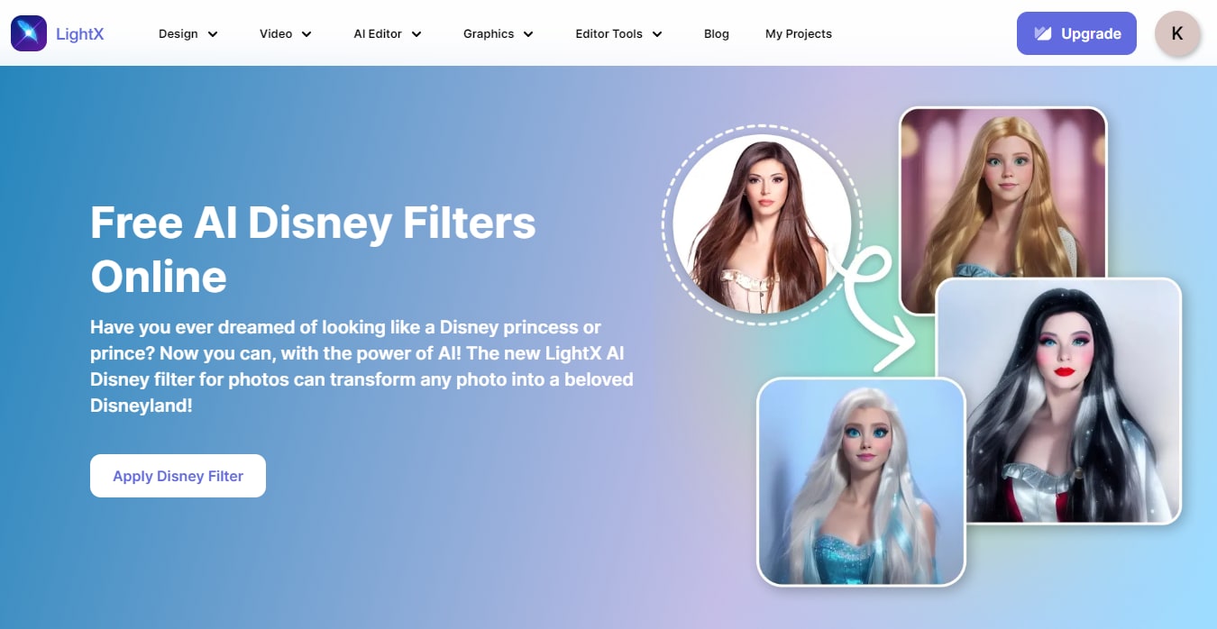 lightx disney filter webpage interface