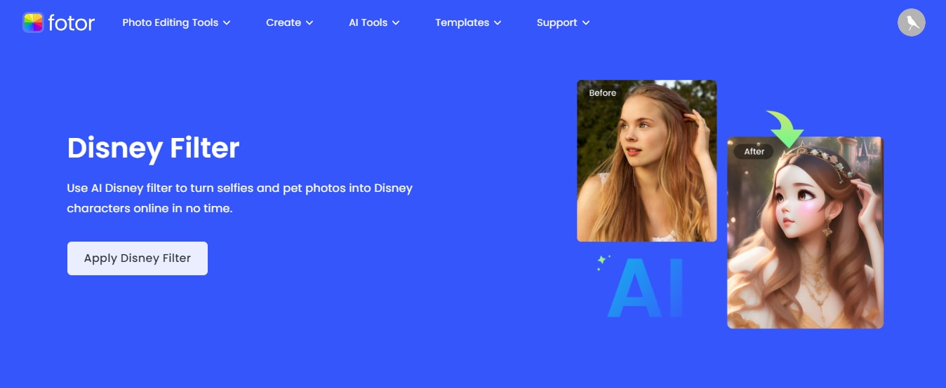 fotor disney filter webpage interface