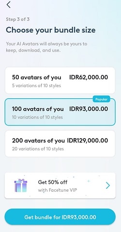 types of bundle size in facetune app