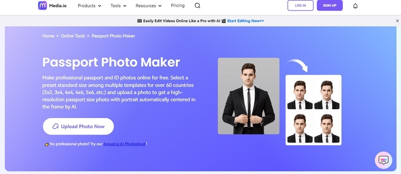 homepage of media.io passport photo maker