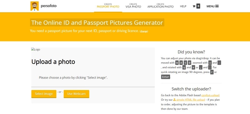 homepage of persofoto passport id photo generator