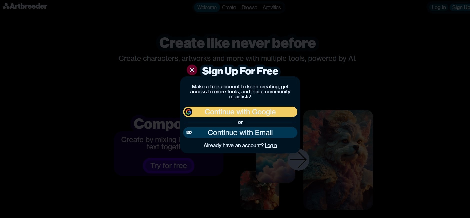 a screenshot of the artbreeder signup page