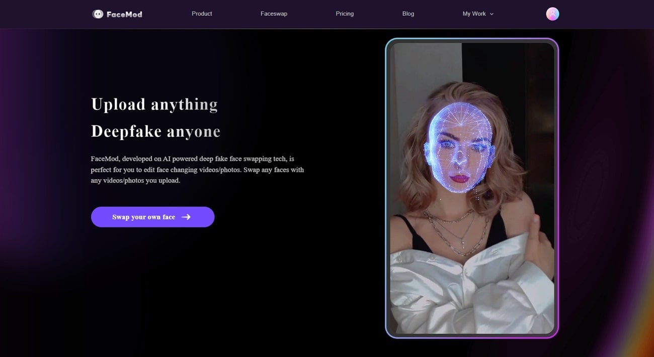 facemod deepfaking website interface