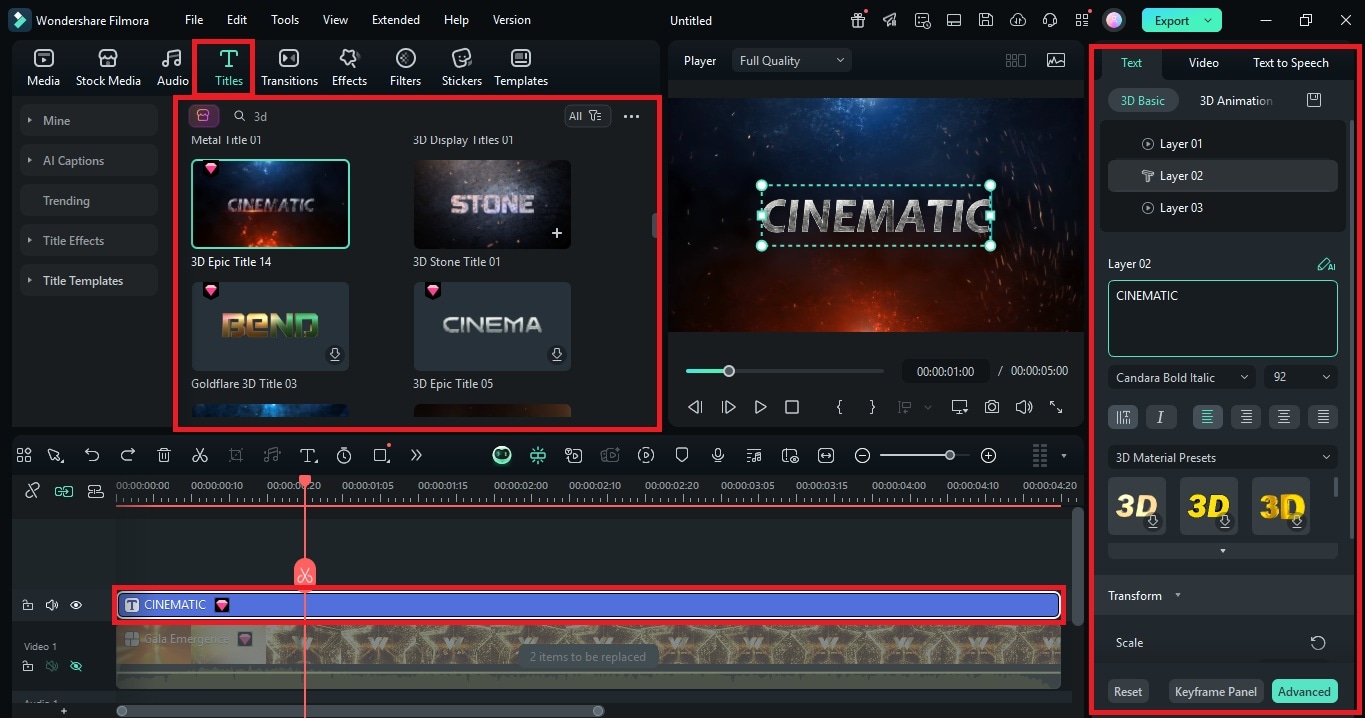 3d title texts in filmora