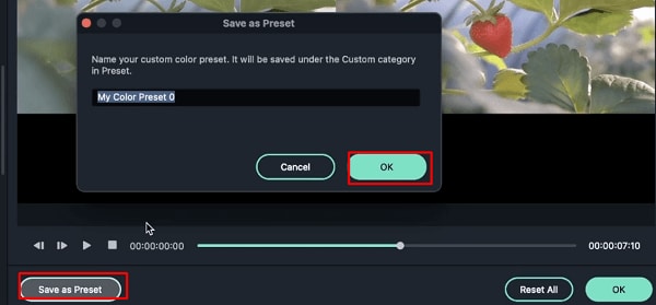 Correzione dei Colori con Filmora - Salvataggio Preset Personalizzato