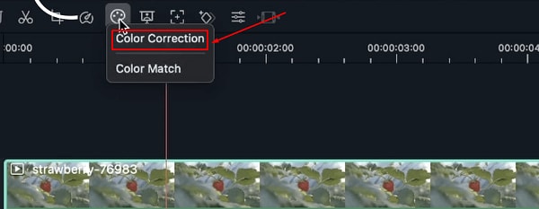 Correção de Cores no Filmora - Clicando em Correção de Cores