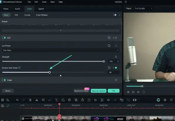 adjusting protect skin tones' value in filmora