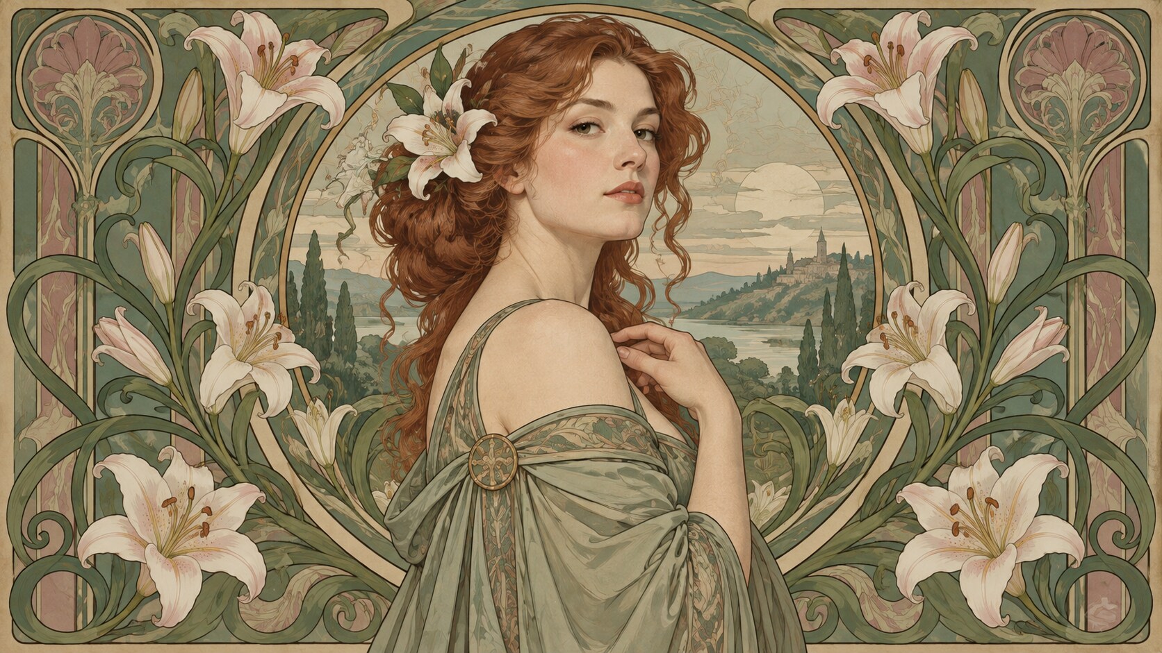 Filmora AI image generator creating Art Nouveau portrait prompt visuals
