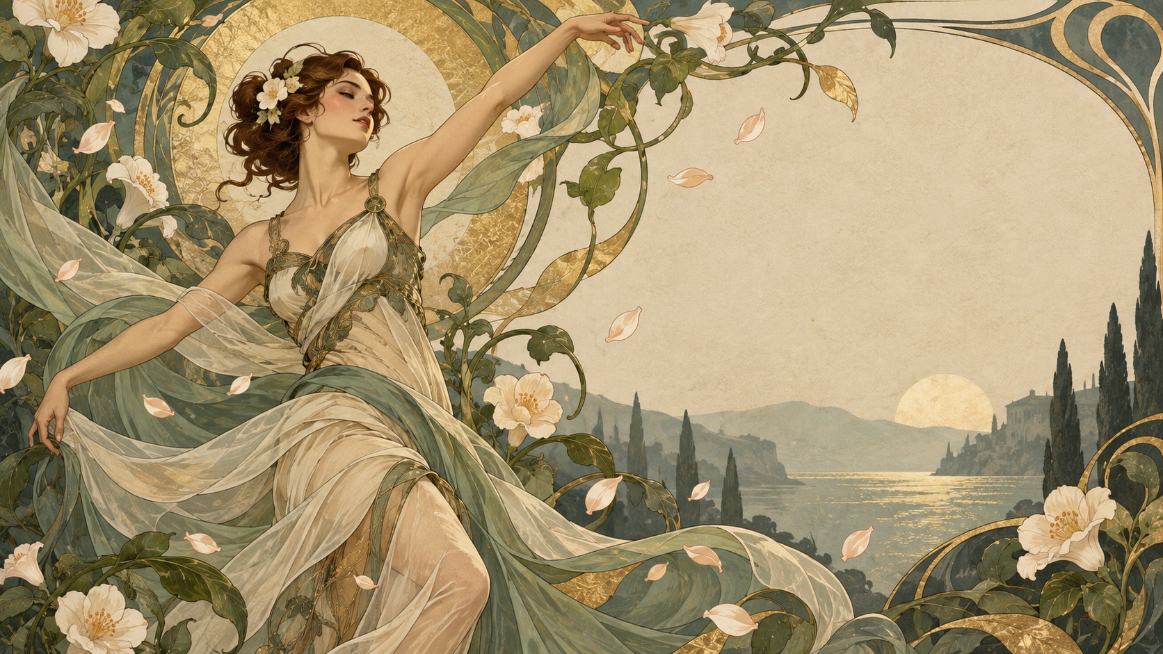 Art Nouveau portrait prompt still image converted into video in Filmora
