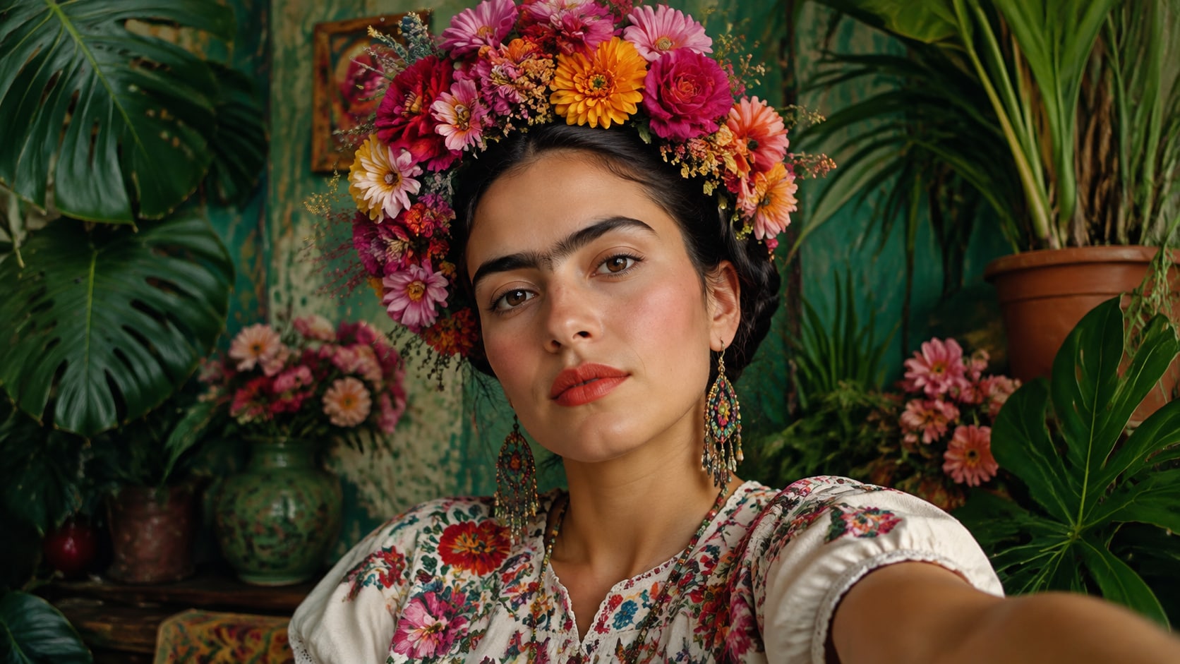 Filmora AI image generator creating Frida-style floral portraits