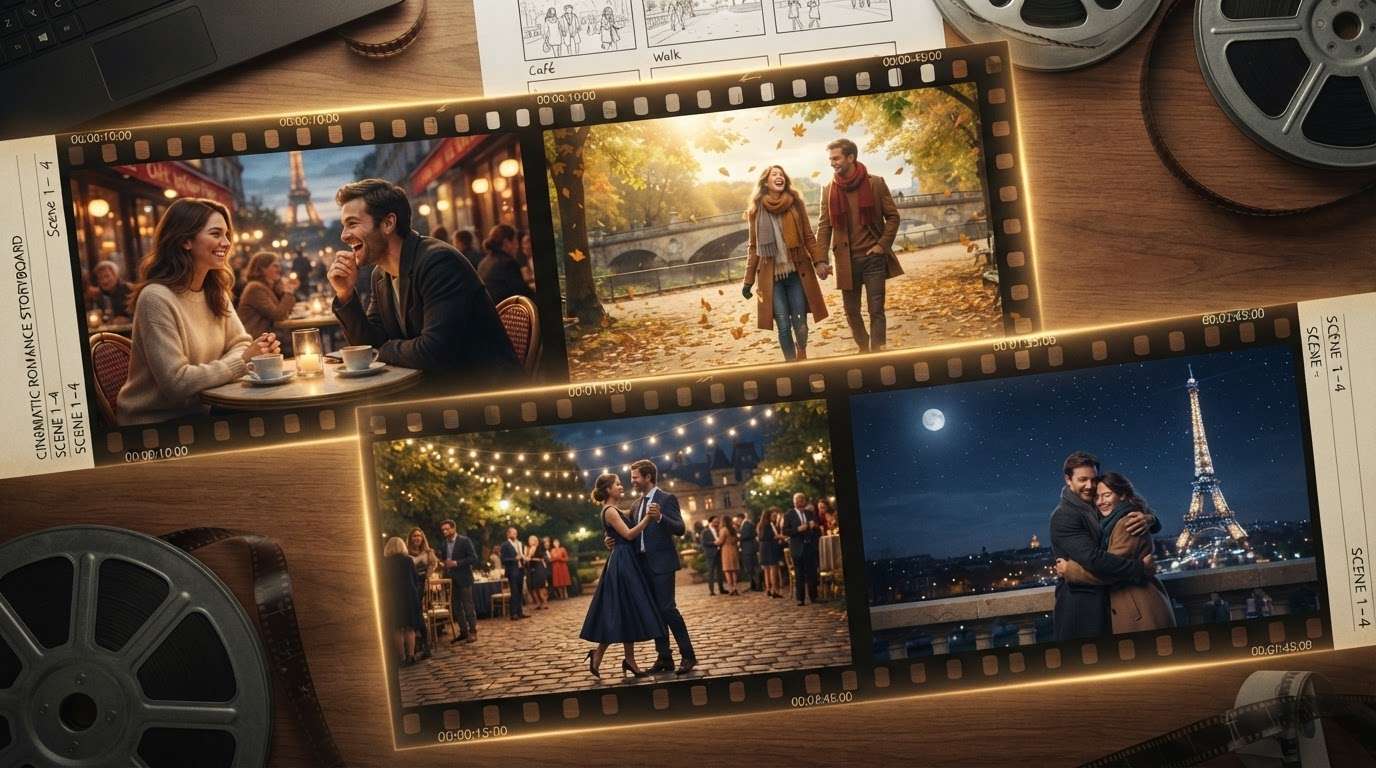 Edit a complete romantic sequence using AI kiss prompts