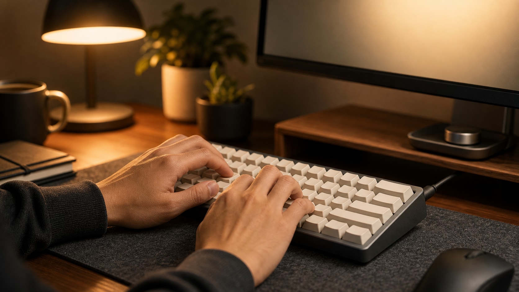mechanical keyboard lifestyle mockup with hands and desk lighting