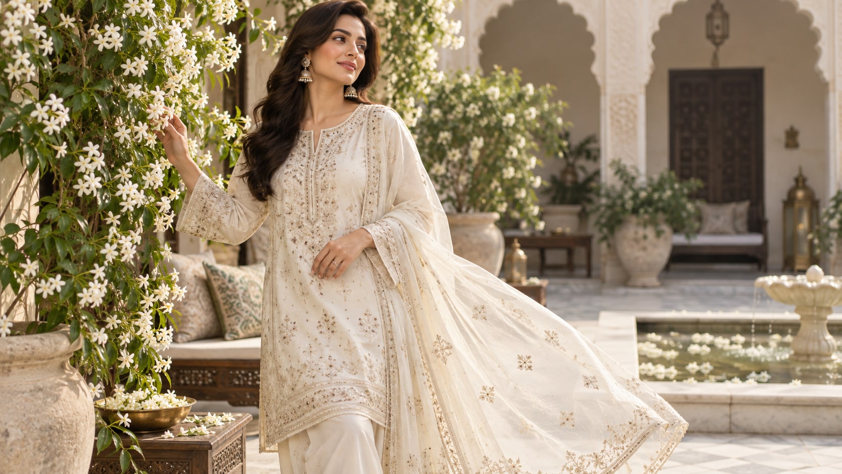 Filmora AI image generator creating Pakistani dress prompt visuals