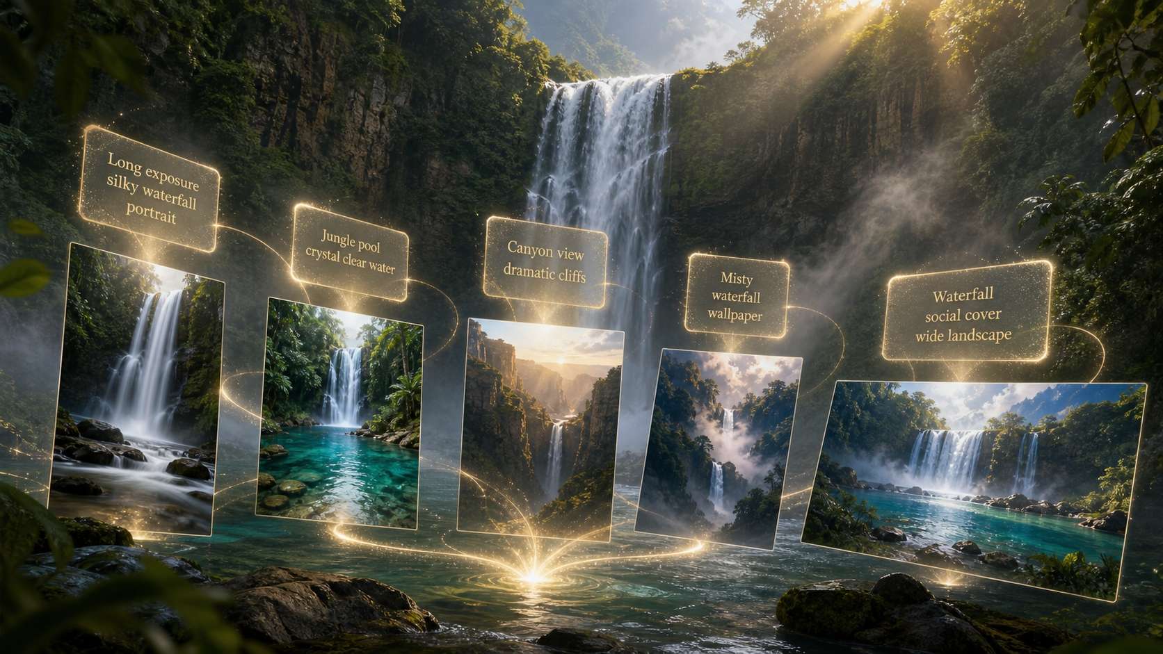 Filmora AI image generator creating AI waterfall image prompt visuals