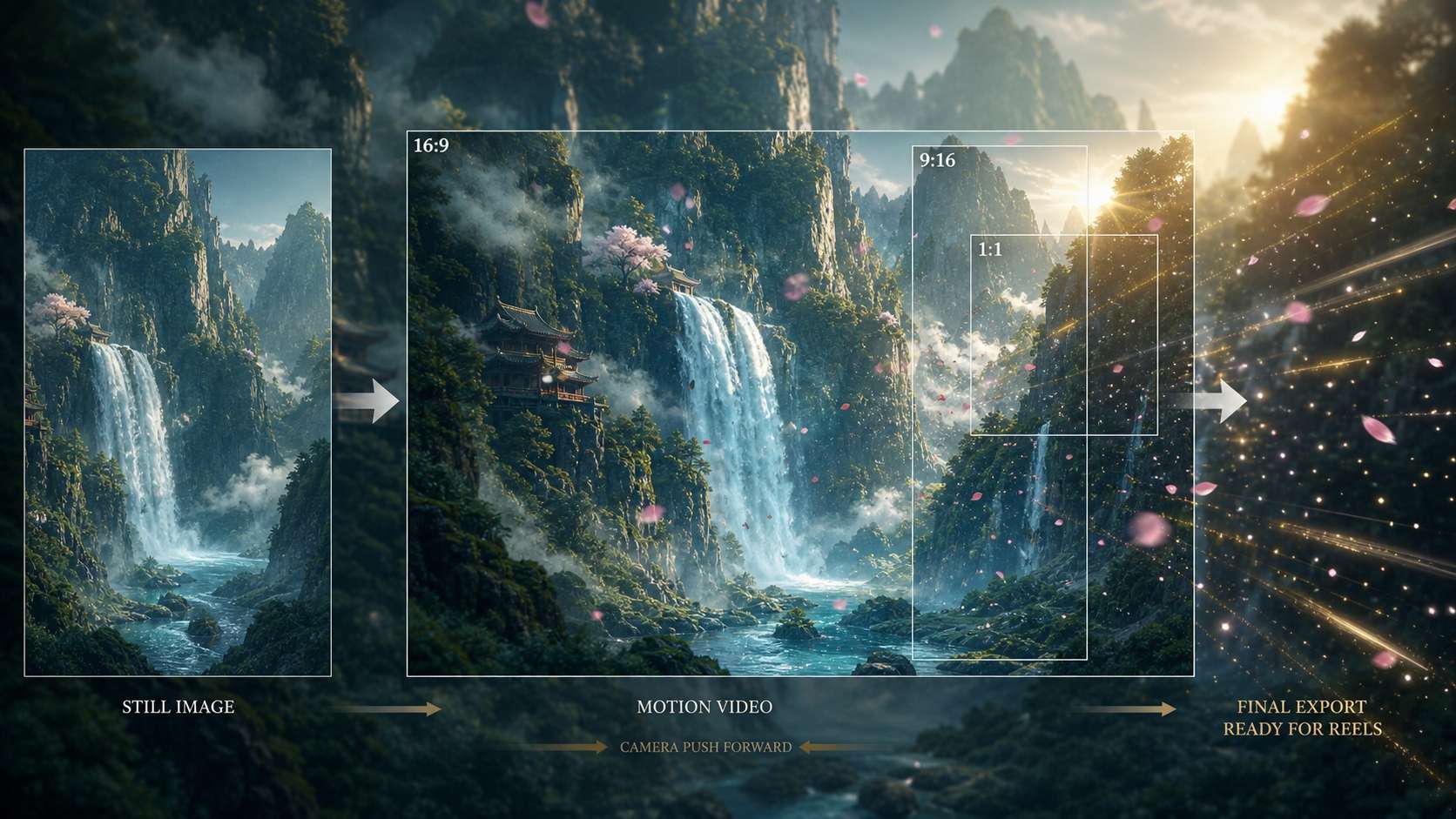 AI waterfall image prompt still image converted into video in Filmora