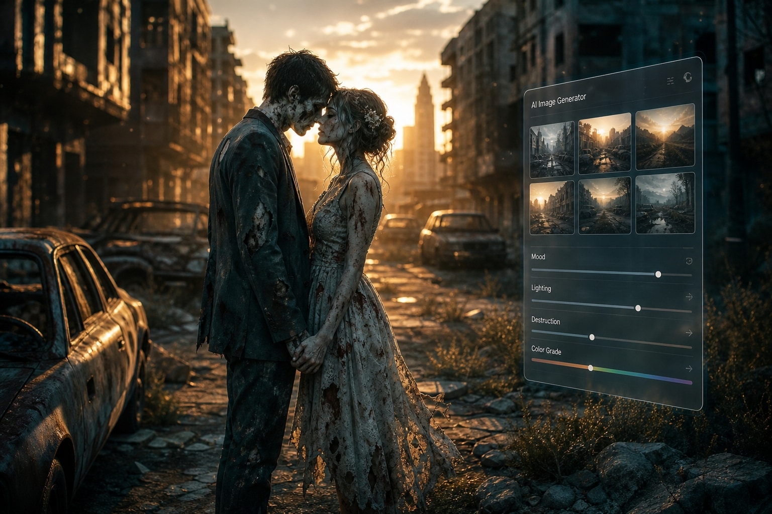 Generate stunning AI zombie love story visuals
