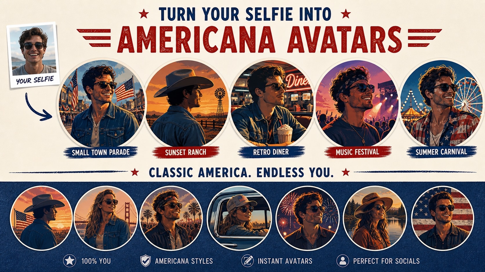 Create avatars using an Americana photo prompt