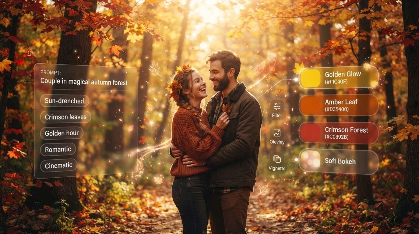 Enhance autumn couple photography prompts with AI stickers