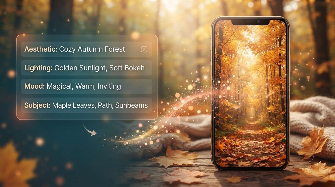 Generate cozy autumn aesthetic wallpaper instantly