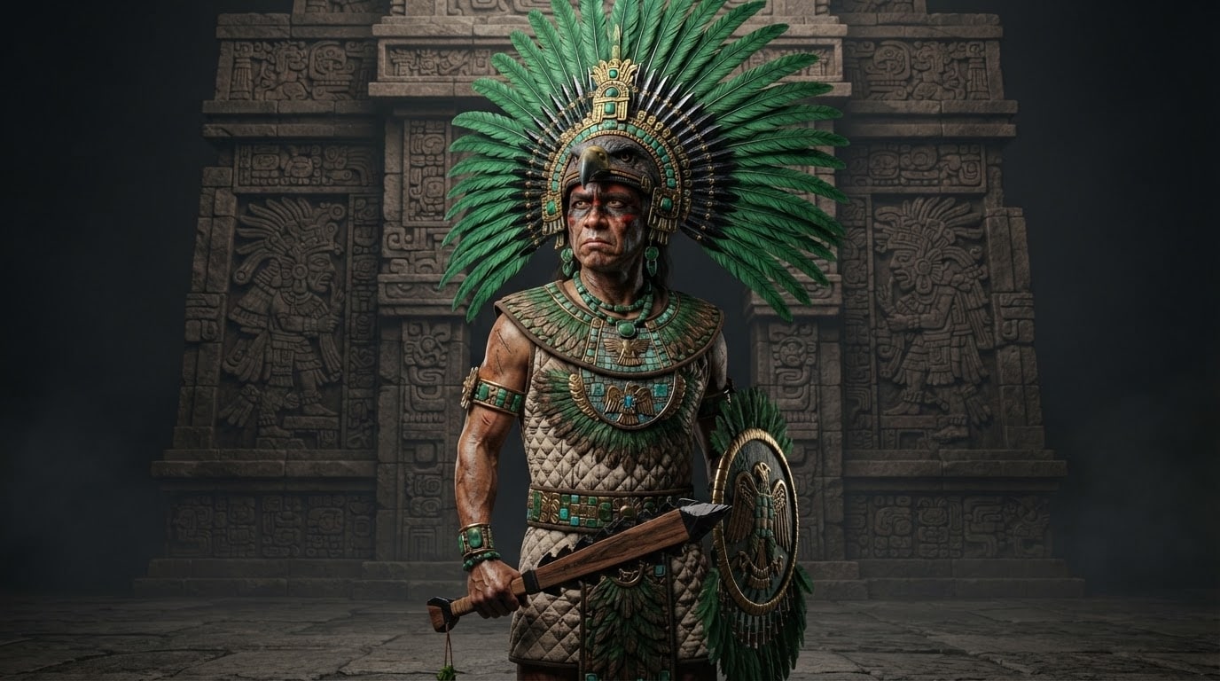 Unleash cinematic detailing with an aztec warrior portrait prompt