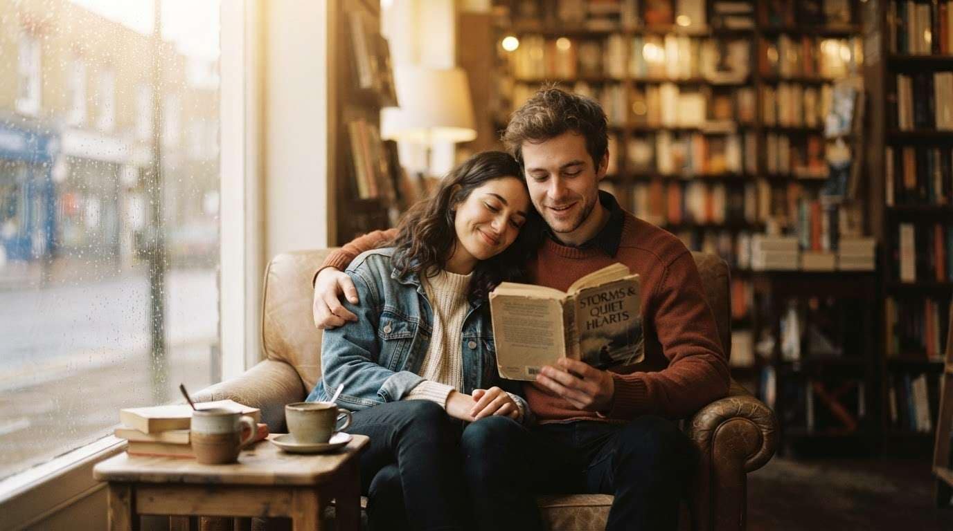 Generate romantic couple prompts in bookstore