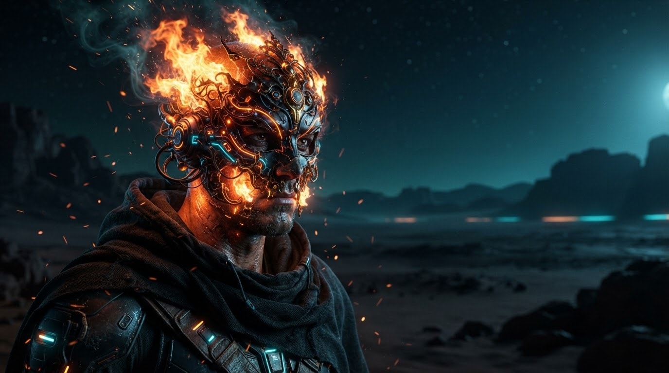 Design a cinematic burning mask AI portrait