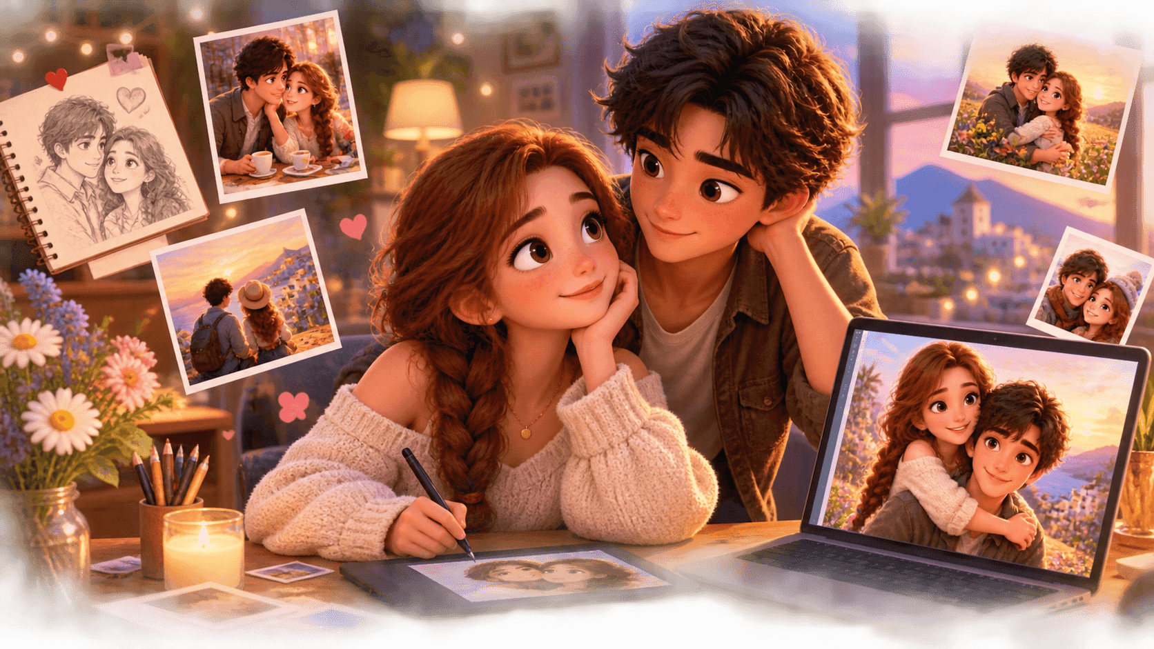Generate personalized cartoon couple love story illustrations