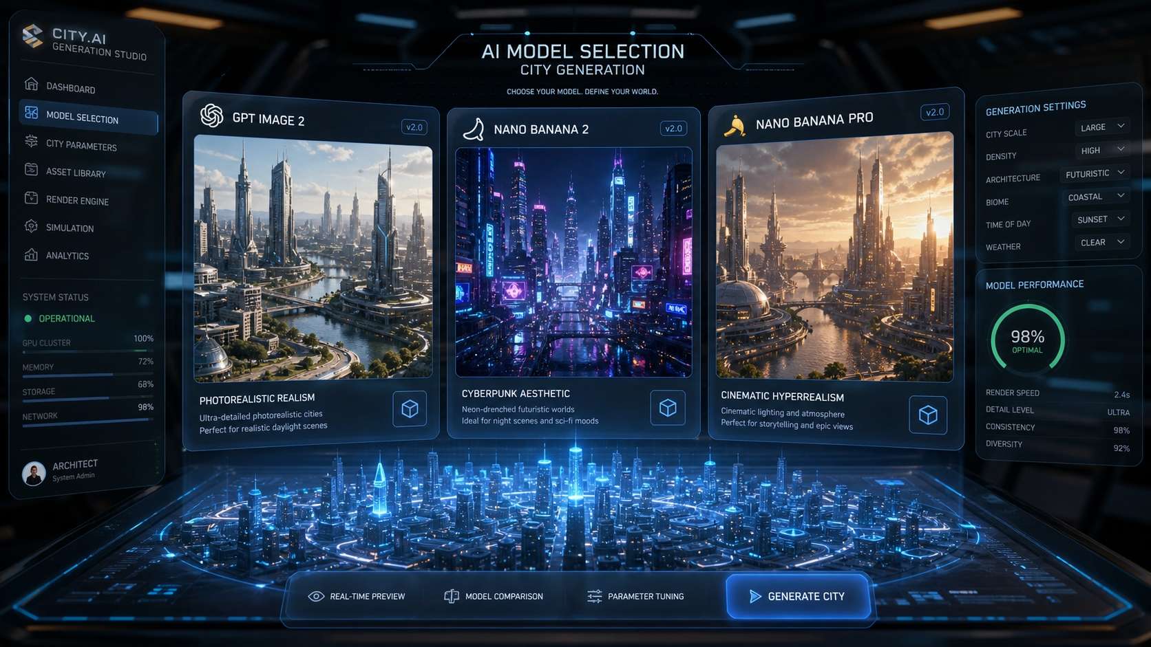 Choose top-tier AI models for 3D city landscape