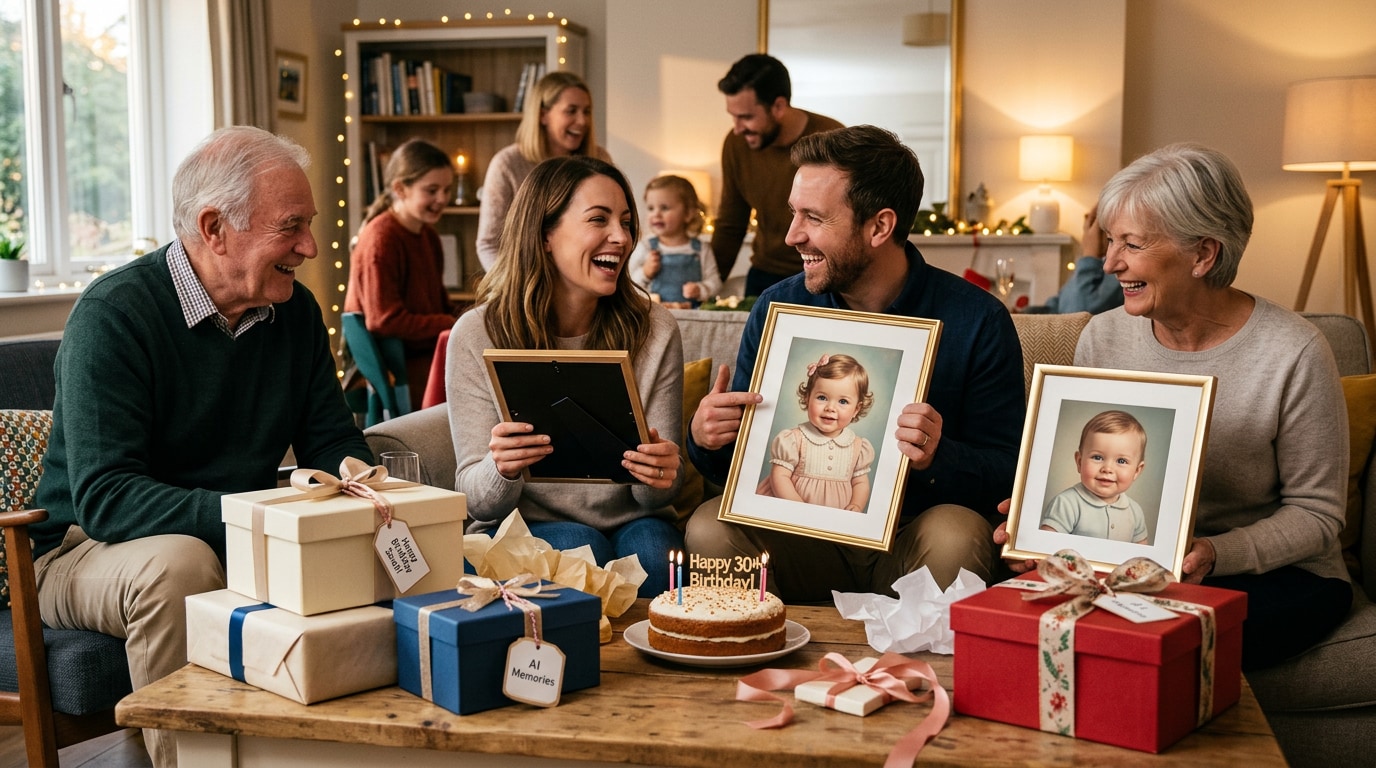 Surprise family with AI childhood photos