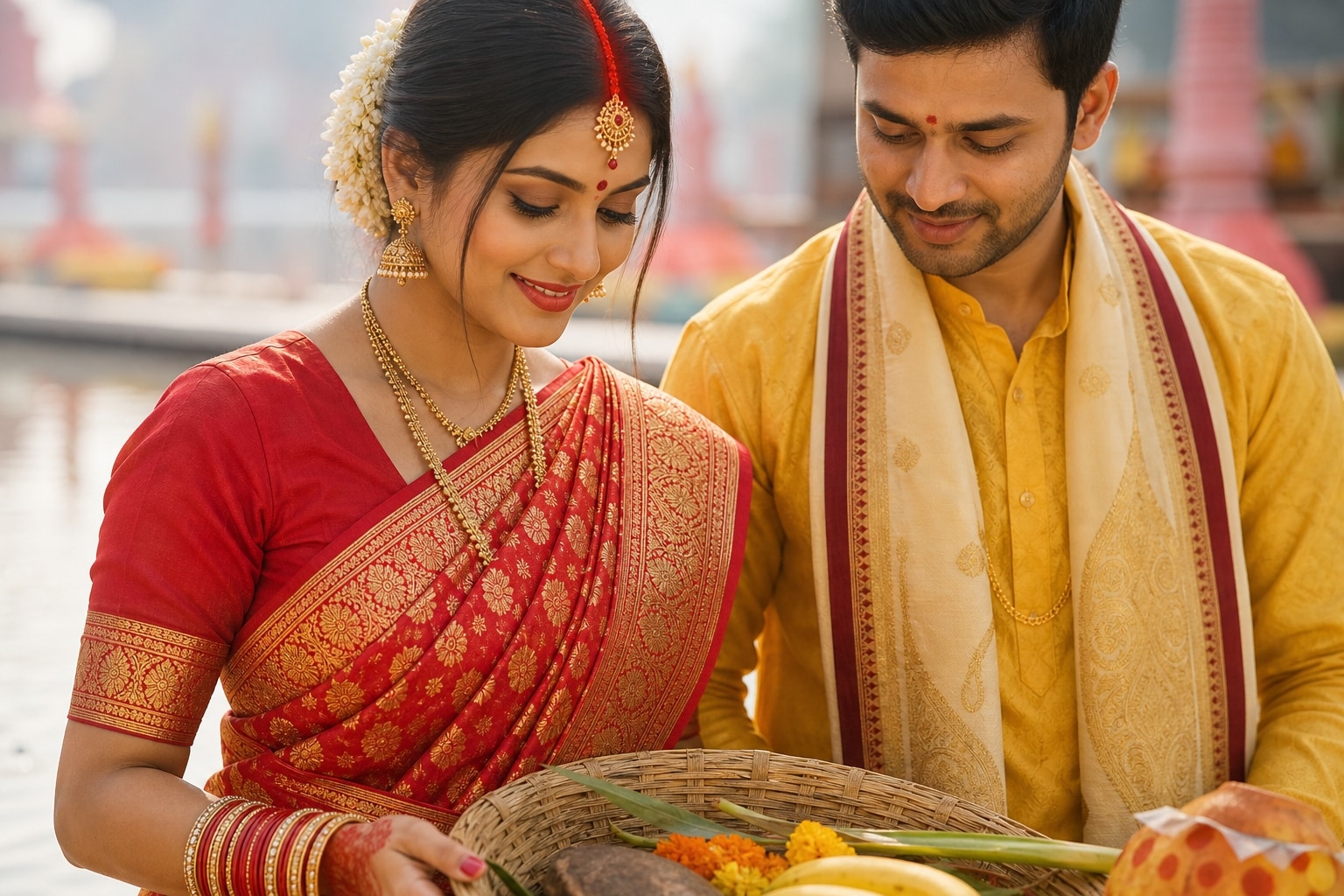 Chhath Puja traditional couple outfit prompt